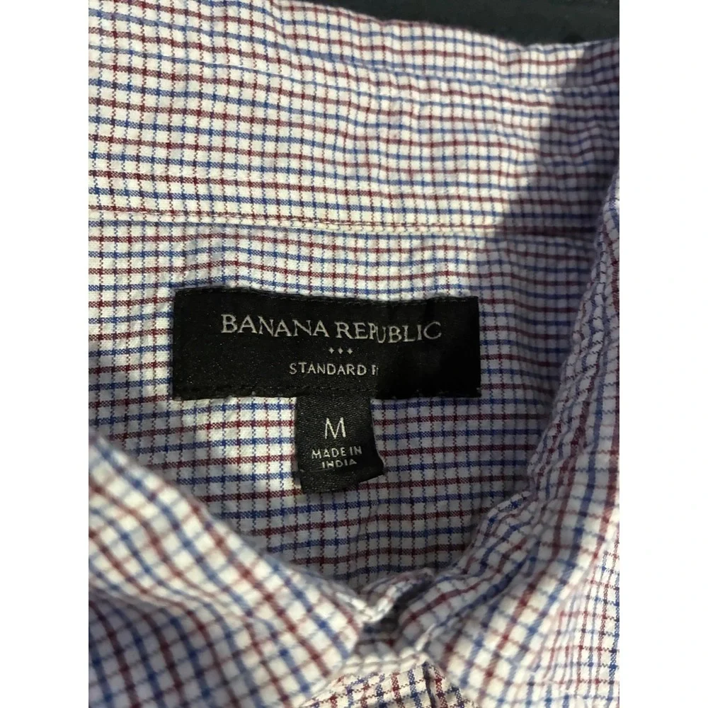 Banana Republic Mens Standard Fit Short Sleeve Button Down Shirt Red Blue Check